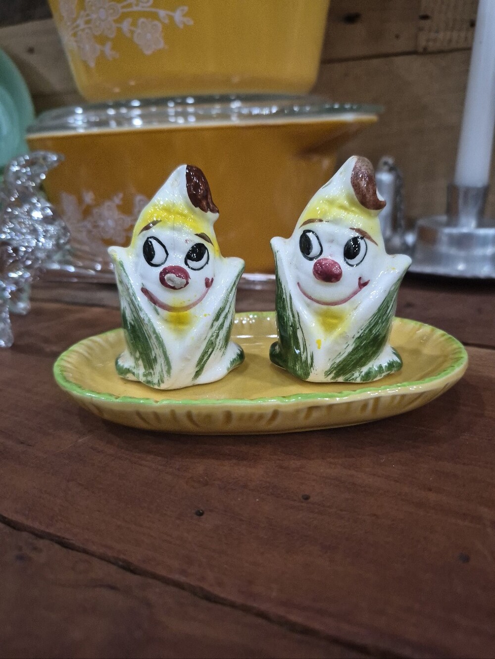 Vintage Norleans Anthropomorphic Corn Salt & Pepper On Tray Kitschy Kitchen